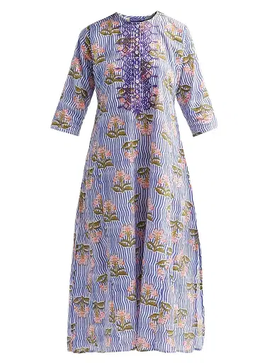Ro's Garden Women's Kurta Floral Striped Cotton Midi Dress - Blue Moana - Size XS | Thumbnail 1 Ro's Garden Women's Kurta Floral Striped Cotton Midi Dress - Blue Moana - Size XS | Thumbnail 1