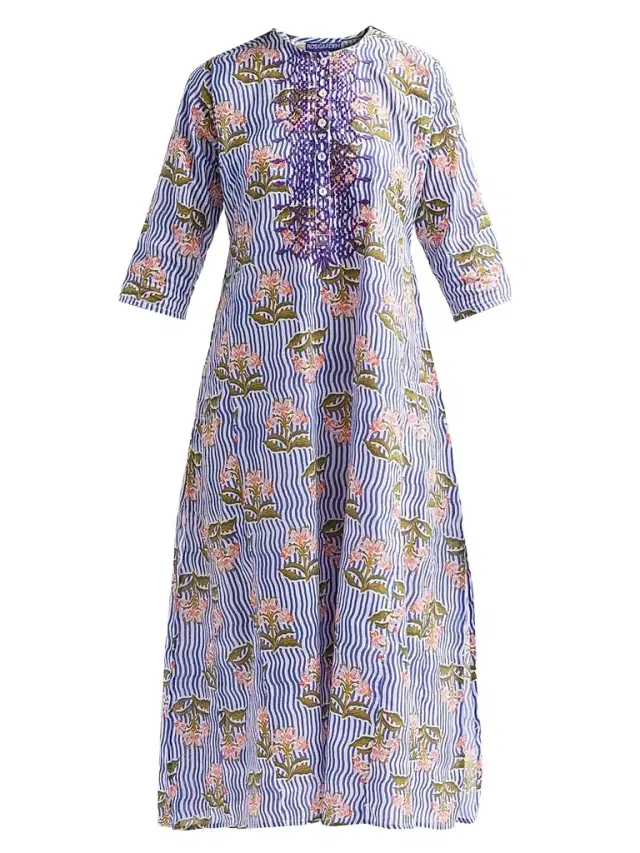Ro's Garden Women's Kurta Floral Striped Cotton Midi Dress - Blue Moana