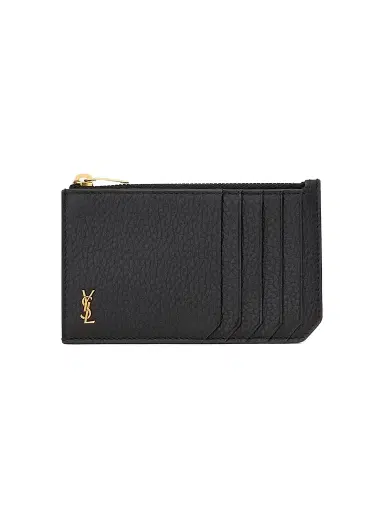 Saint Laurent Men's Tiny Cassandre Fragments Zip Card Case in Grained Leather | Thumbnail 1 Saint Laurent Men's Tiny Cassandre Fragments Zip Card Case in Grained Leather | Thumbnail 1