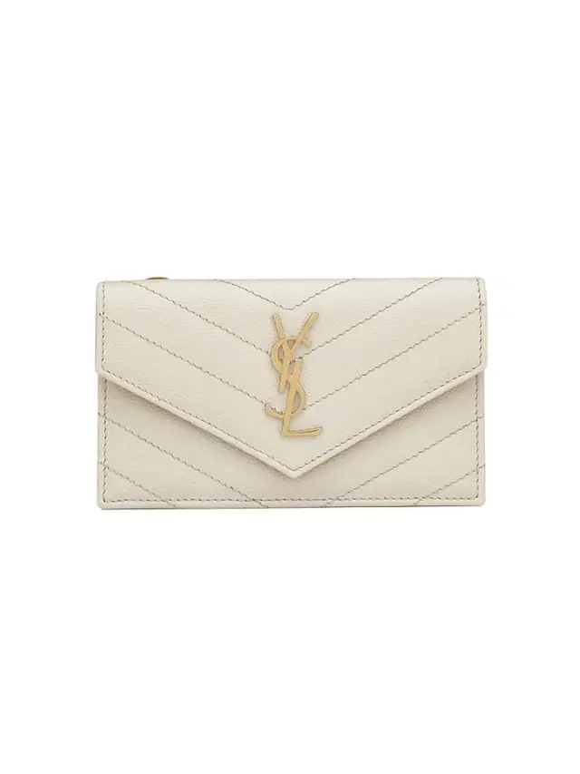 Saint Laurent Women's Cassandre Matelassé Fragments Flap Card Case in Grain de Poudre Embossed Leather - White