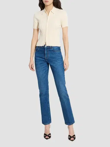 Victoria Beckham Women's Rib-Knit Zip Polo Top - Elderflower | Thumbnail 2 Victoria Beckham Women's Rib-Knit Zip Polo Top - Elderflower | Thumbnail 2