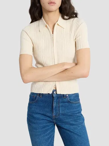 Victoria Beckham Women's Rib-Knit Zip Polo Top - Elderflower | Thumbnail 5 Victoria Beckham Women's Rib-Knit Zip Polo Top - Elderflower | Thumbnail 5