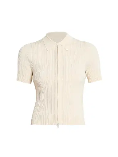 Victoria Beckham Women's Rib-Knit Zip Polo Top - Elderflower | Thumbnail 1 Victoria Beckham Women's Rib-Knit Zip Polo Top - Elderflower | Thumbnail 1