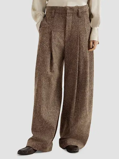Brunello Cucinelli Women's Virgin Wool Donegal Pleated Barrel Trousers - Light Brown - Size 6 | Thumbnail 2