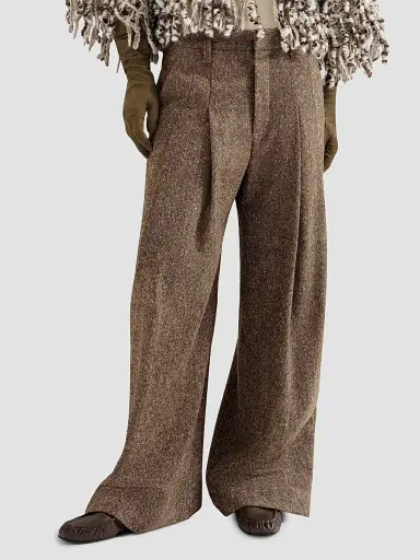 Brunello Cucinelli Women's Virgin Wool Donegal Pleated Barrel Trousers - Light Brown - Size 6 | Thumbnail 4