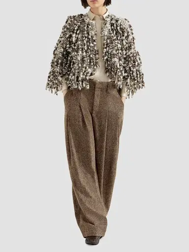 Brunello Cucinelli Women's Virgin Wool Donegal Pleated Barrel Trousers - Light Brown - Size 6 | Thumbnail 6