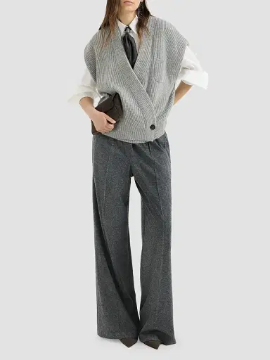 Brunello Cucinelli Women's Cashmere Jersey Pleated Wide Track Trousers - Anthracite | Thumbnail 6
