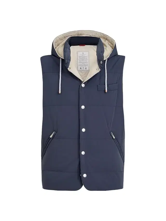 Brunello Cucinelli Men's Bonded Nylon Down Vest with Detachable Hood - Blue