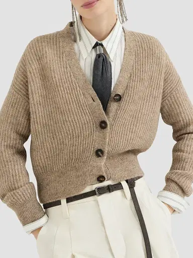 Brunello Cucinelli Women's Mohair, Cotton and Wool Diamond Yarn English Rib Cardigan - Light Brown | Thumbnail 4 Brunello Cucinelli Women's Mohair, Cotton and Wool Diamond Yarn English Rib Cardigan - Light Brown | Thumbnail 4
