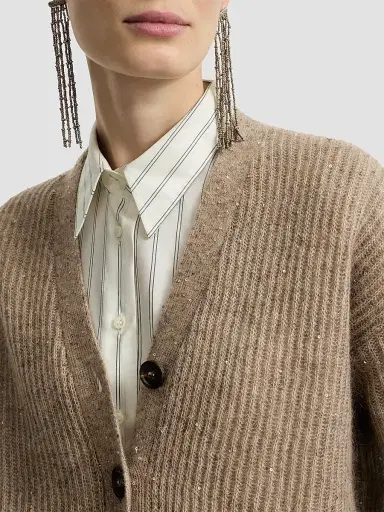 Brunello Cucinelli Women's Mohair, Cotton and Wool Diamond Yarn English Rib Cardigan - Light Brown | Thumbnail 5 Brunello Cucinelli Women's Mohair, Cotton and Wool Diamond Yarn English Rib Cardigan - Light Brown | Thumbnail 5