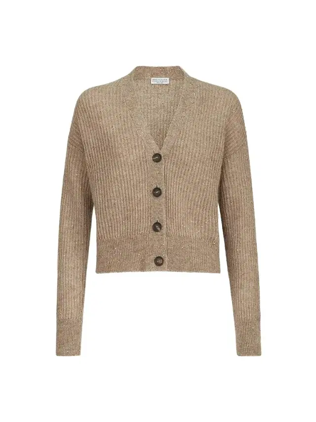 Brunello Cucinelli Women's Mohair, Cotton and Wool Diamond Yarn English Rib Cardigan - Light Brown