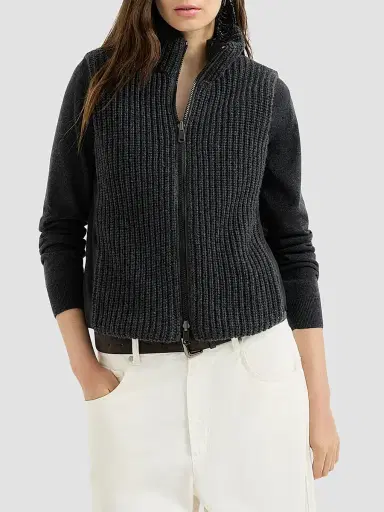 Brunello Cucinelli Women's Cashmere Feather Yarn Reversible Knit Down Vest - Lignite Grey | Thumbnail 2