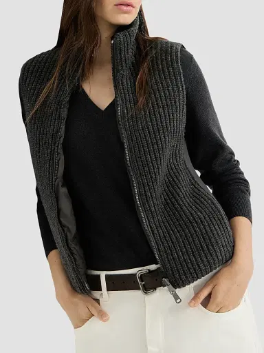 Brunello Cucinelli Women's Cashmere Feather Yarn Reversible Knit Down Vest - Lignite Grey | Thumbnail 4