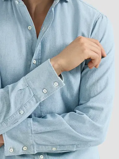 Brunello Cucinelli Men's Denim-Effect Chambray Shirt with Spread Collar - Medium Denim - Size XXXXL | Thumbnail 4 Brunello Cucinelli Men's Denim-Effect Chambray Shirt with Spread Collar - Medium Denim - Size XXXXL | Thumbnail 4
