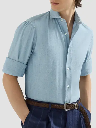 Brunello Cucinelli Men's Denim-Effect Chambray Shirt with Spread Collar - Medium Denim - Size XXXXL | Thumbnail 5 Brunello Cucinelli Men's Denim-Effect Chambray Shirt with Spread Collar - Medium Denim - Size XXXXL | Thumbnail 5