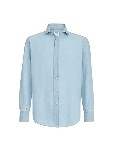 Brunello Cucinelli Men's Denim-Effect Chambray Shirt with Spread Collar - Medium Denim - Size XXXXL | Thumbnail 1 Brunello Cucinelli Men's Denim-Effect Chambray Shirt with Spread Collar - Medium Denim - Size XXXXL | Thumbnail 1