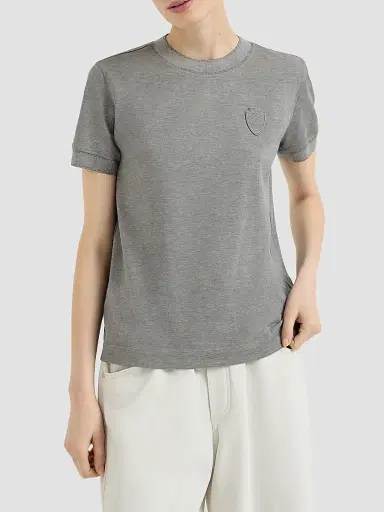 Brunello Cucinelli Women's Stretch Cotton Piqué T-Shirt with Sparkling Cotton Knit Inserts and Logo - Dark Grey | Thumbnail 2
