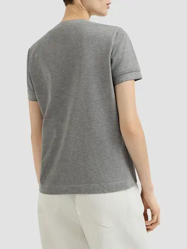 Brunello Cucinelli Women's Stretch Cotton Piqué T-Shirt with Sparkling Cotton Knit Inserts and Logo - Dark Grey | Thumbnail 3