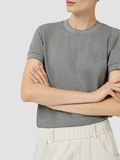 Brunello Cucinelli Women's Stretch Cotton Piqué T-Shirt with Sparkling Cotton Knit Inserts and Logo - Dark Grey | Thumbnail 4