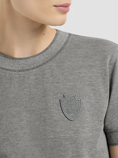 Brunello Cucinelli Women's Stretch Cotton Piqué T-Shirt with Sparkling Cotton Knit Inserts and Logo - Dark Grey | Thumbnail 5