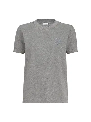 Brunello Cucinelli Women's Stretch Cotton Piqué T-Shirt with Sparkling Cotton Knit Inserts and Logo - Dark Grey | Thumbnail 1