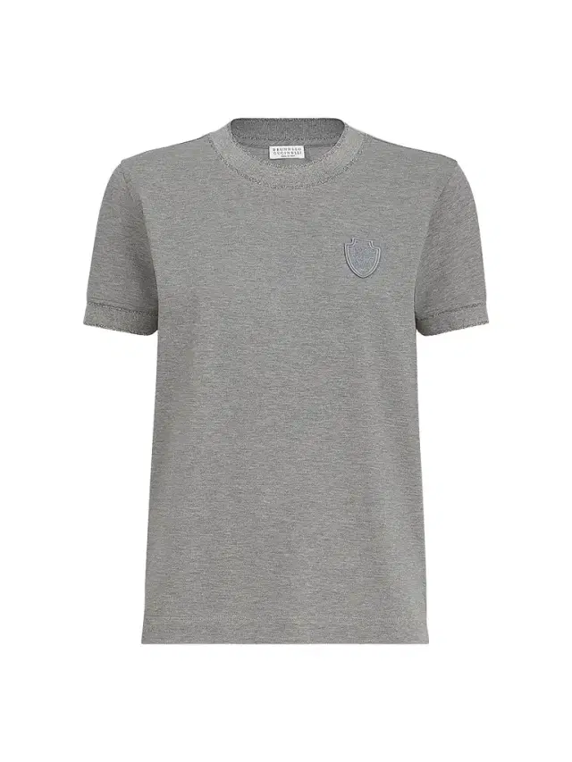 Brunello Cucinelli Women's Stretch Cotton Piqué T-Shirt with Sparkling Cotton Knit Inserts and Logo - Dark Grey