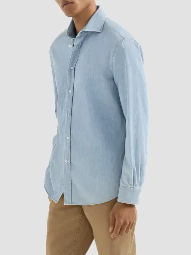Brunello Cucinelli Men's Lightweight Denim Shirt with Spread Collar | Thumbnail 2 Brunello Cucinelli Men's Lightweight Denim Shirt with Spread Collar | Thumbnail 2