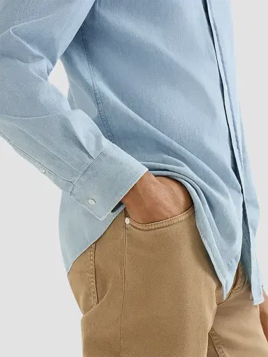 Brunello Cucinelli Men's Lightweight Denim Shirt with Spread Collar | Thumbnail 5 Brunello Cucinelli Men's Lightweight Denim Shirt with Spread Collar | Thumbnail 5
