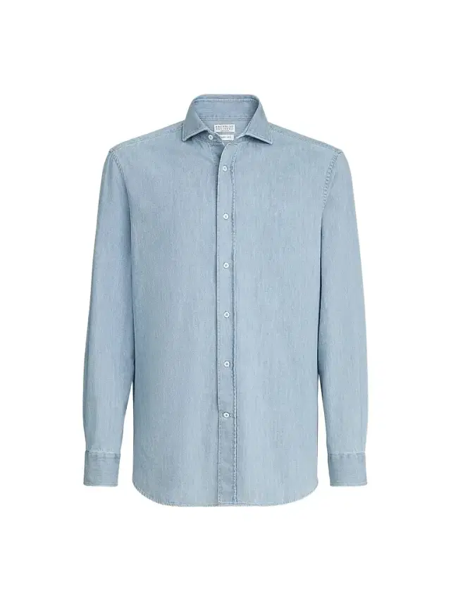 Brunello Cucinelli Men's Lightweight Denim Shirt with Spread Collar - Light Blue Denim