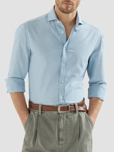 Brunello Cucinelli Men's Denim-Effect Chambray Shirt with Spread Collar - Medium Denim - Size XXXXL | Thumbnail 4 Brunello Cucinelli Men's Denim-Effect Chambray Shirt with Spread Collar - Medium Denim - Size XXXXL | Thumbnail 4
