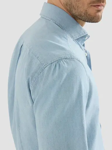 Brunello Cucinelli Men's Denim-Effect Chambray Shirt with Spread Collar - Medium Denim - Size XXXXL | Thumbnail 5 Brunello Cucinelli Men's Denim-Effect Chambray Shirt with Spread Collar - Medium Denim - Size XXXXL | Thumbnail 5