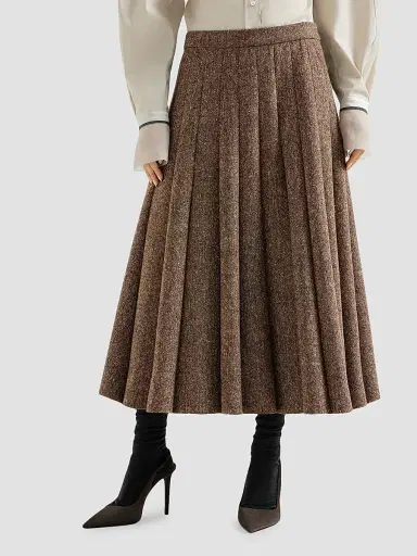 Brunello Cucinelli Women's Virgin Wool Donegal Pleated Skirt - Light Brown | Thumbnail 2