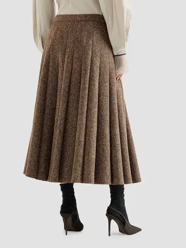 Brunello Cucinelli Women's Virgin Wool Donegal Pleated Skirt - Light Brown | Thumbnail 3