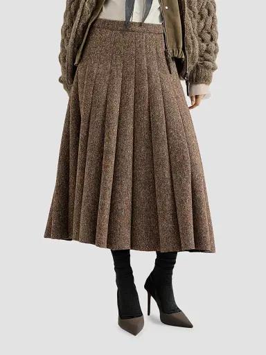 Brunello Cucinelli Women's Virgin Wool Donegal Pleated Skirt - Light Brown | Thumbnail 4