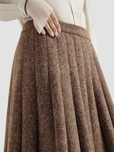 Brunello Cucinelli Women's Virgin Wool Donegal Pleated Skirt - Light Brown | Thumbnail 5