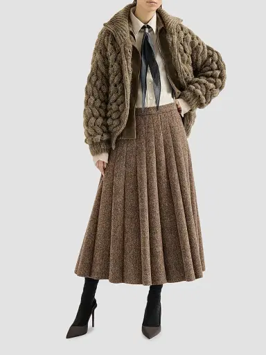 Brunello Cucinelli Women's Virgin Wool Donegal Pleated Skirt - Light Brown | Thumbnail 6