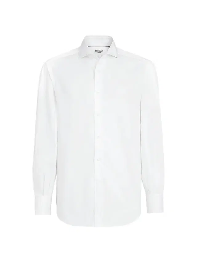 Brunello Cucinelli Men's Twill Shirt with Spread Collar - White