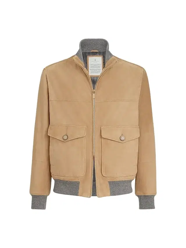 Brunello Cucinelli Men's Suede Bomber Jacket with Thermore Padding - Sand