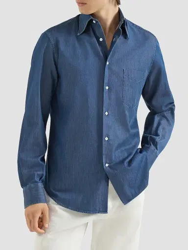 Brunello Cucinelli Men's Lightweight Denim Shirt with Italian Collar | Thumbnail 2