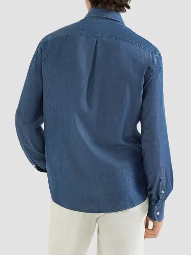 Brunello Cucinelli Men's Lightweight Denim Shirt with Italian Collar | Thumbnail 3