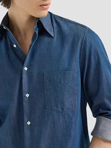Brunello Cucinelli Men's Lightweight Denim Shirt with Italian Collar | Thumbnail 4