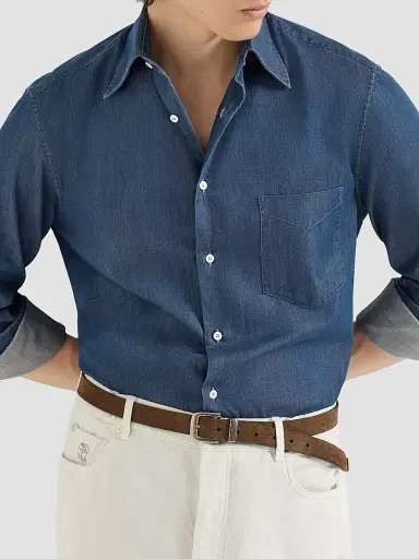 Brunello Cucinelli Men's Lightweight Denim Shirt with Italian Collar | Thumbnail 5