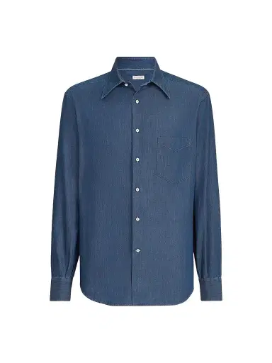 Brunello Cucinelli Men's Lightweight Denim Shirt with Italian Collar | Thumbnail 1