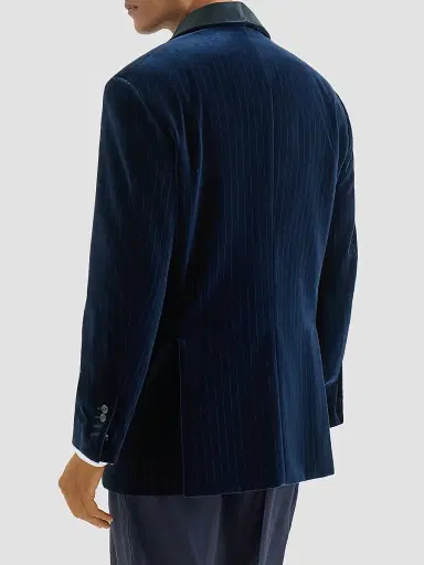 Brunello Cucinelli Men's Cotton Chalk Stripe Velvet Tuxedo Jacket with Shawl Lapels | Thumbnail 3 Brunello Cucinelli Men's Cotton Chalk Stripe Velvet Tuxedo Jacket with Shawl Lapels | Thumbnail 3