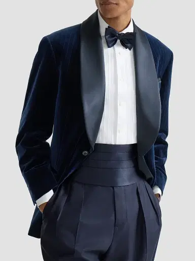 Brunello Cucinelli Men's Cotton Chalk Stripe Velvet Tuxedo Jacket with Shawl Lapels | Thumbnail 4 Brunello Cucinelli Men's Cotton Chalk Stripe Velvet Tuxedo Jacket with Shawl Lapels | Thumbnail 4