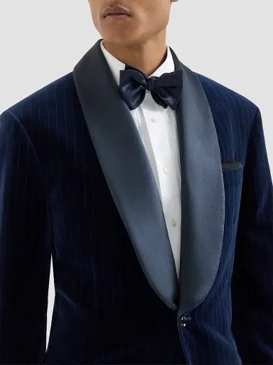 Brunello Cucinelli Men's Cotton Chalk Stripe Velvet Tuxedo Jacket with Shawl Lapels | Thumbnail 5 Brunello Cucinelli Men's Cotton Chalk Stripe Velvet Tuxedo Jacket with Shawl Lapels | Thumbnail 5