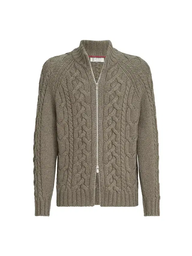 Brunello Cucinelli Men's Cable Knit Cardigan in Cashmere Feather Yarn - Military