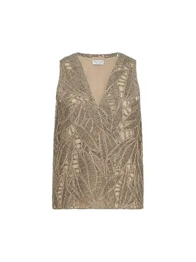Brunello Cucinelli Women's Linen and Cotton Dazzling Cacao Leaves Embroidery Top | Thumbnail 1 Brunello Cucinelli Women's Linen and Cotton Dazzling Cacao Leaves Embroidery Top | Thumbnail 1