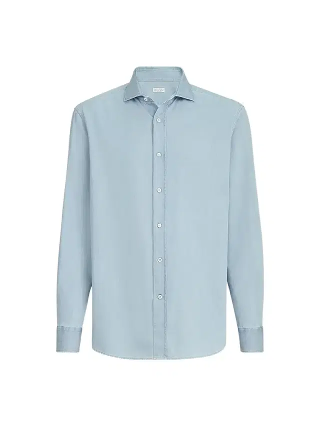 Brunello Cucinelli Men's Lightweight Denim Shirt with Spread Collar - Light Denim
