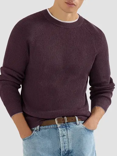 Brunello Cucinelli Men's Cotton English Rib Sweater with Raglan Sleeves - Dark Purple | Thumbnail 4